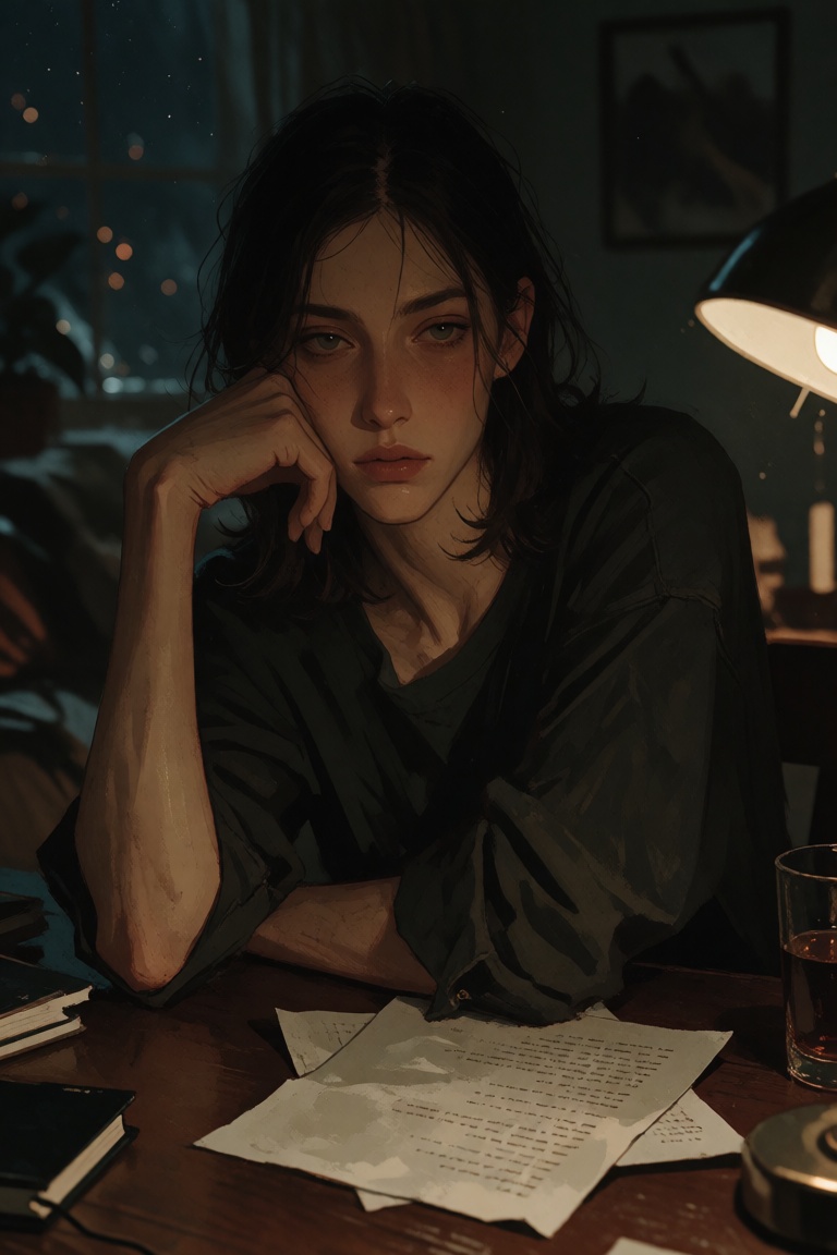 A young woman sits at a desk in a dim room,  one elbow resting on the table and one hand near her face. She has shoulder-l...