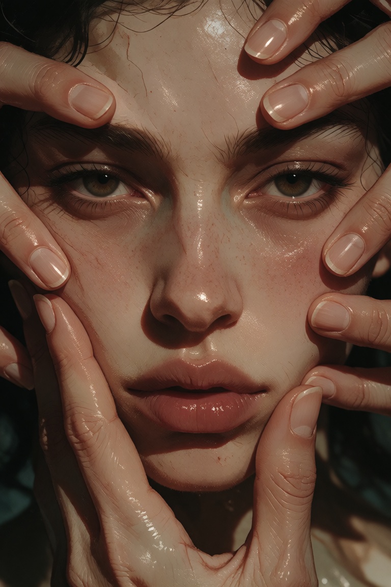 Create a close image of a face framed by several hands pressing into the cheeks and jaw. The expression is intense but con...
