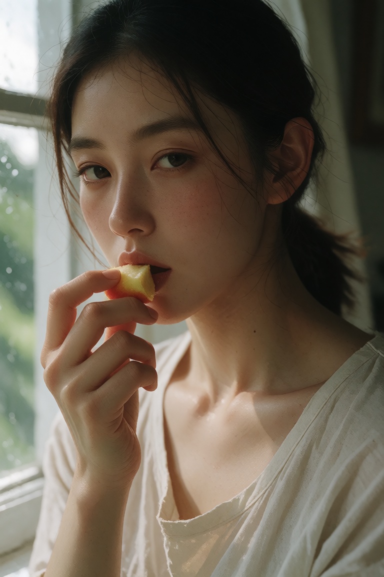 A close portrait of a young woman near a window in natural daylight,  holding a piece of fruit near her mouth. Emphasize s...