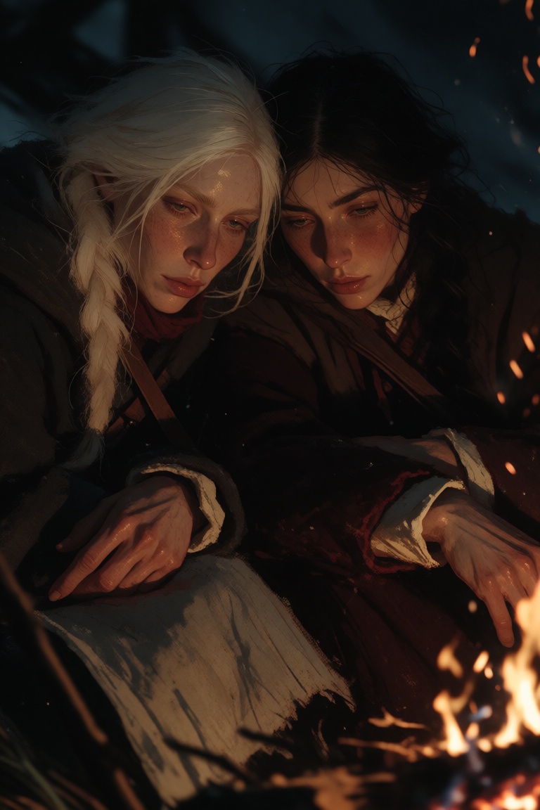 Two women rest close together near a fire at night,  one pale-haired and one dark-haired. Their faces are near each other,...
