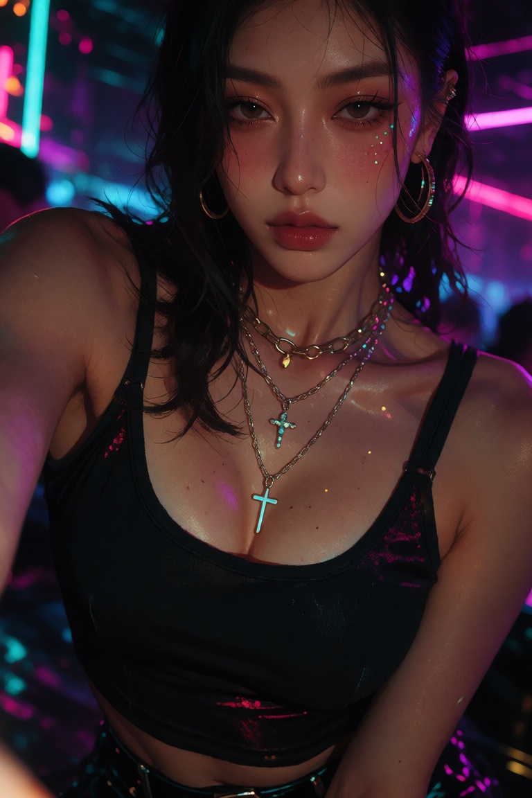 A woman under neon club lighting wears a fitted black top and layered jewelry. Her face is close to the viewer,  with visi...