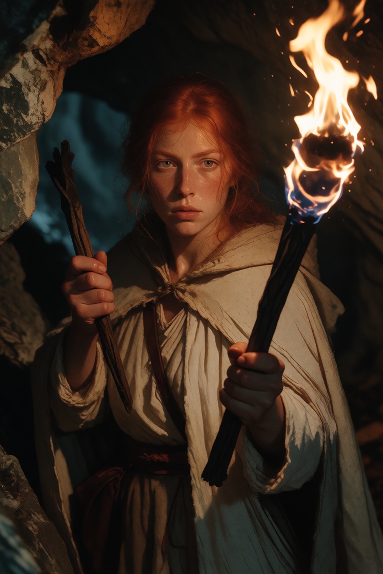 A red-haired woman stands in a cave passage holding a burning torch in both hands. She wears a pale hooded outer layer ove...