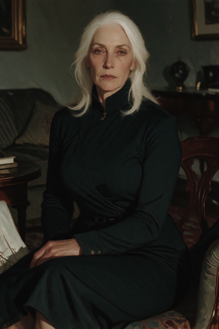 White-haired woman in a fitted dark outfit seated indoors,  with a calm,  unreadable expression. The room contains furnitu...