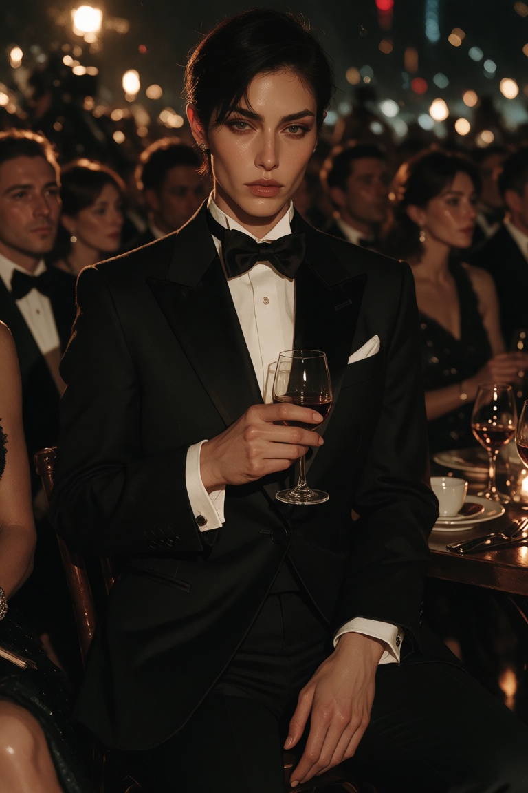 An androgynous person with short dark hair and sharp features is dressed in a black tuxedo at a formal event. They sit or...
