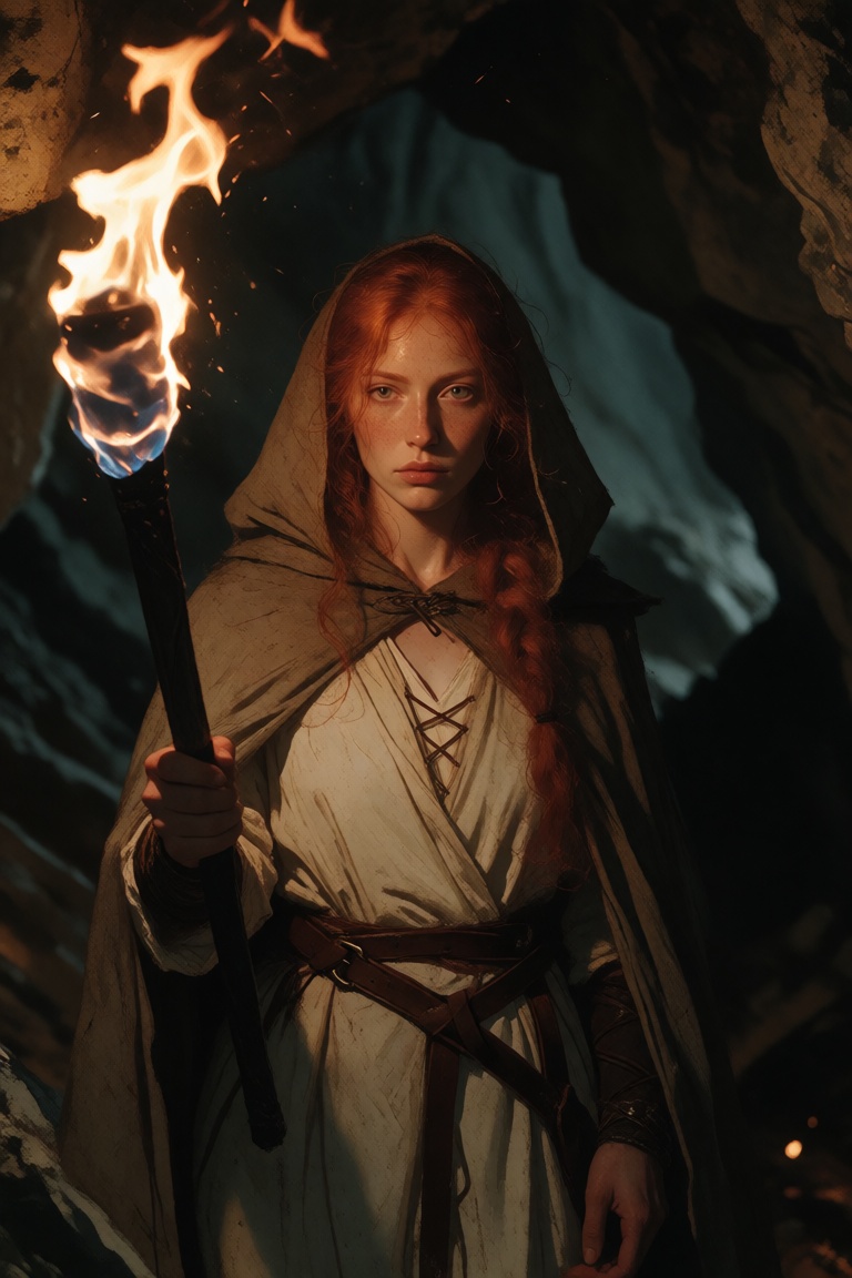 A red-haired woman holding a torch stands in a cave passage wearing a pale hooded cloak. The fire casts warm light across...
