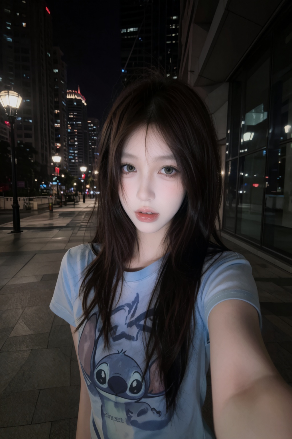 the image is a photograph of a young woman taking a selfie at night in an urban setting,  she has long,  straight on Tenso...