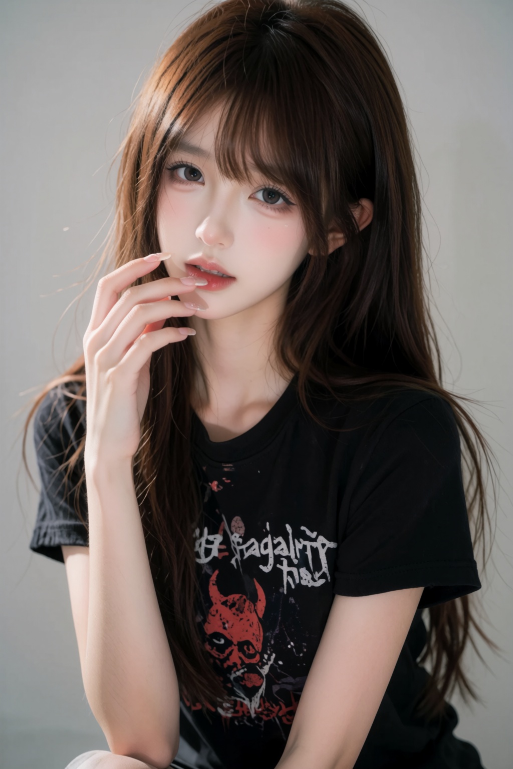 the image is a high-quality photograph of a young woman with a fair complexion and long,  straight brown hair that cascade...
