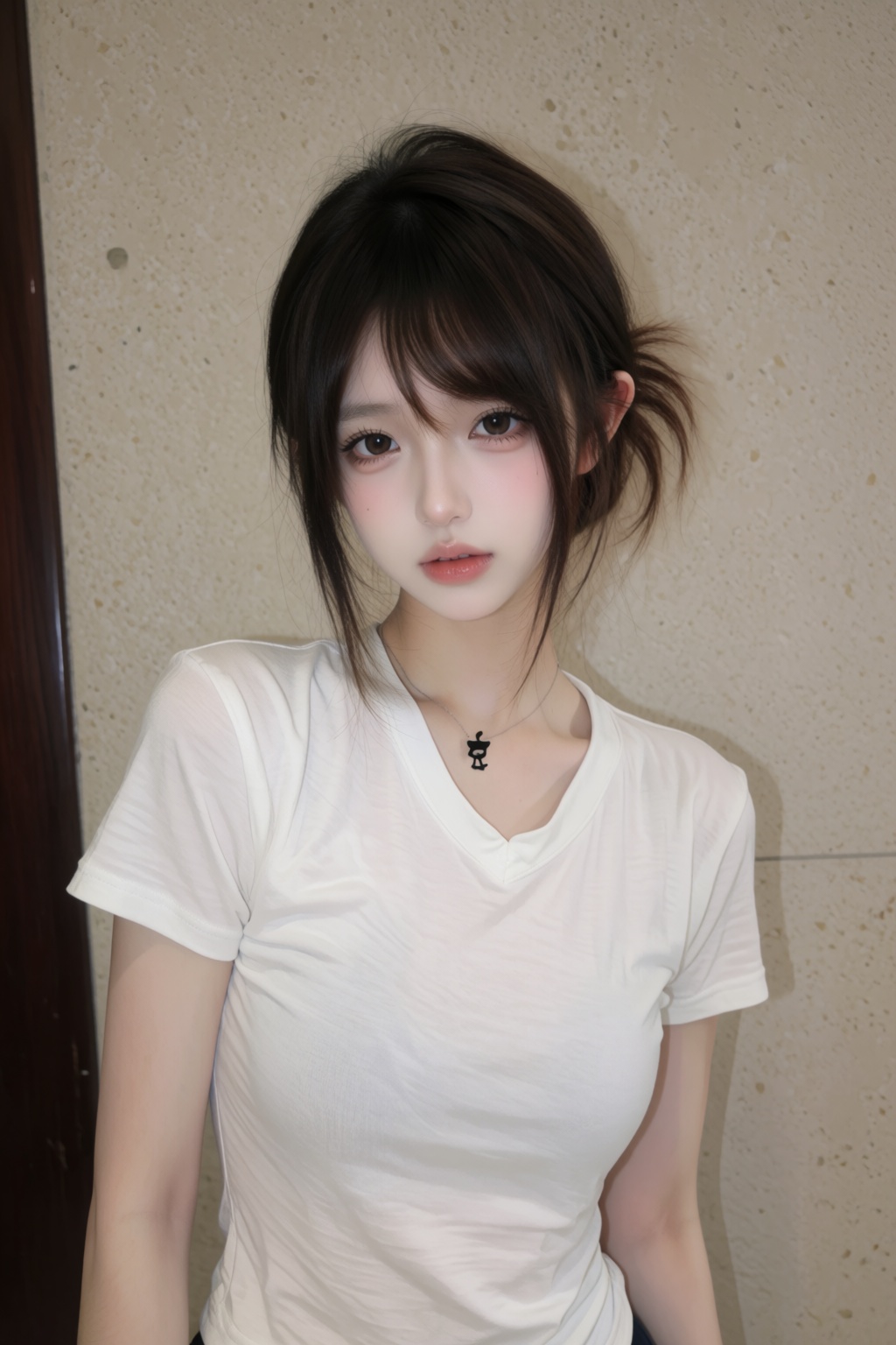 this is a photograph of a young woman with fair skin and delicate features,  taken in an indoor setting,  she has dark bro...