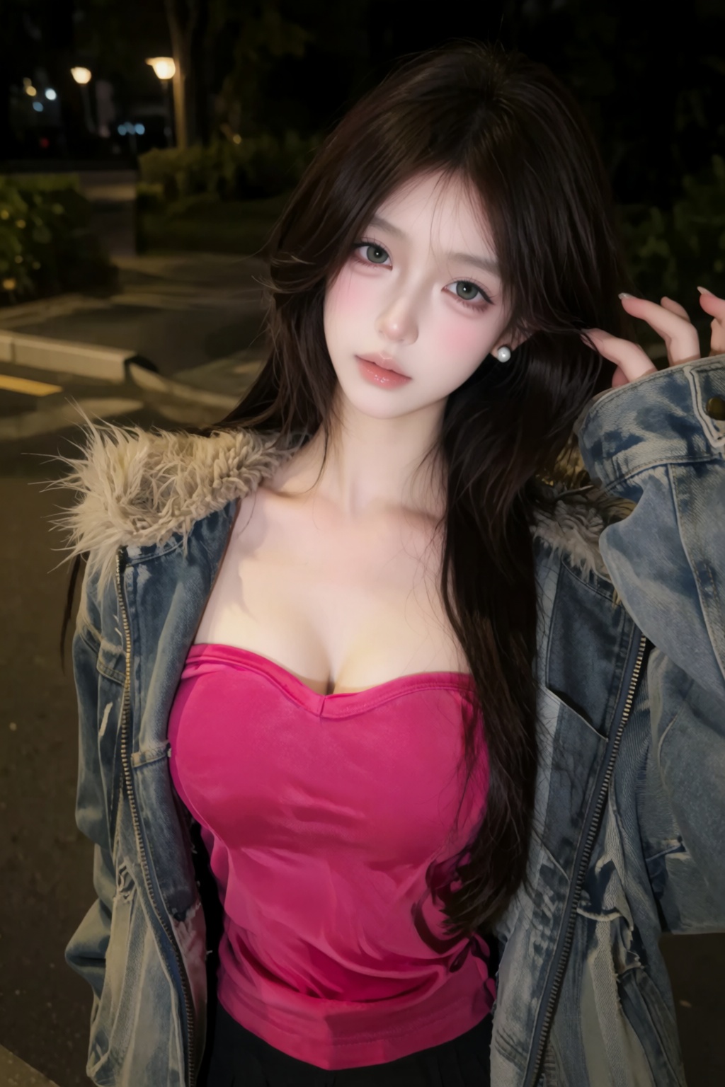 the image is a nighttime photograph of a young woman taking a selfie,  she has long,  straight on Tensor.Art