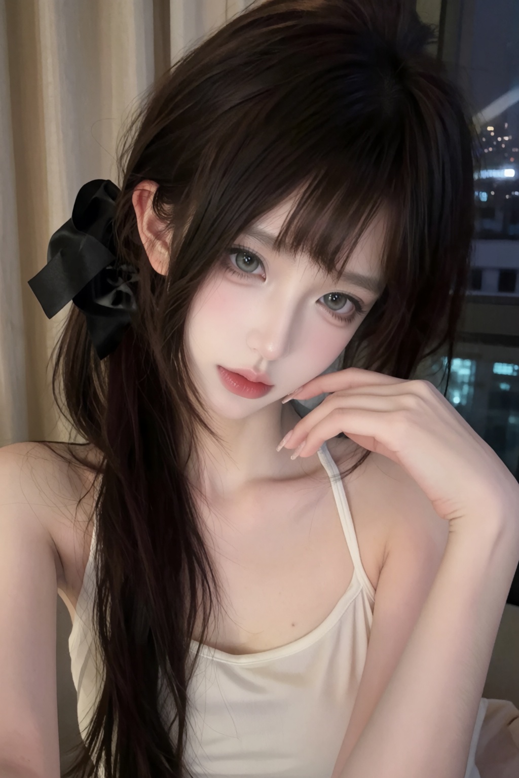 photograph of a young asian woman with fair skin and long,  straight black hair tied in a low ponytail with a large black...