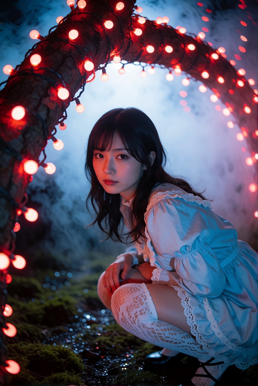arching tree branch adorned with out-of-focus red and white string lights that create a bokeh effect; a japanese lady is a...
