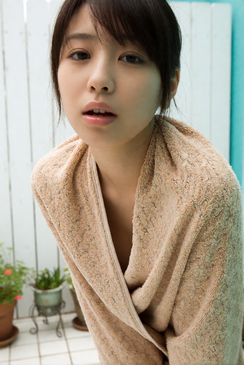 A bust shot at eye level,  camera at chest height,  close to her; cut at lower chest on Tensor.Art