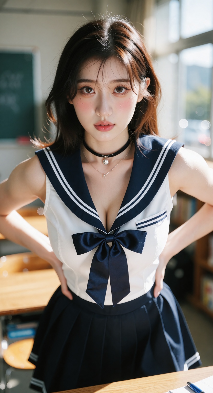 A photorealistic cinematic close shot of one ***** East Asian woman standing in a bright modern classroom,  looking at the...