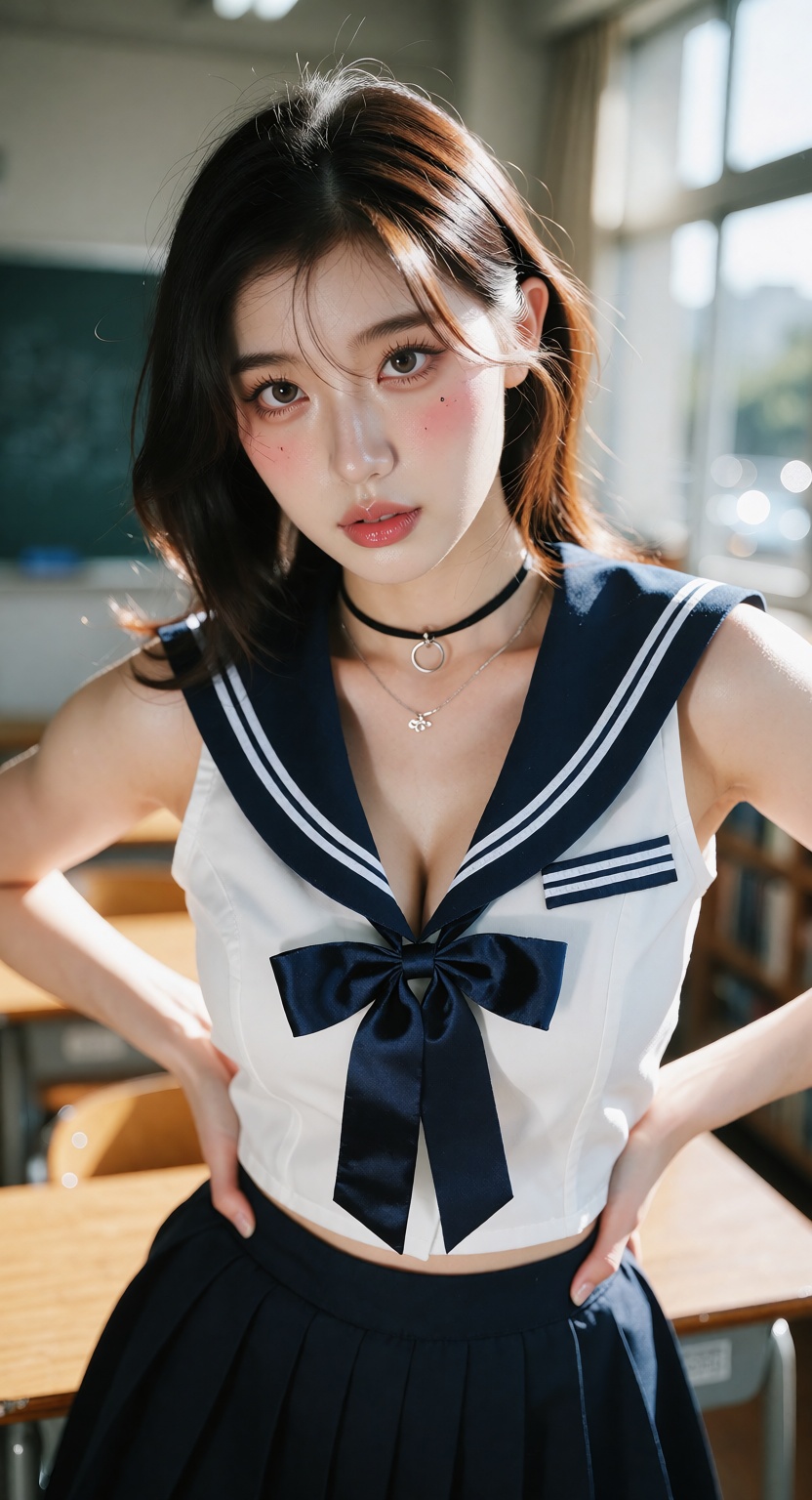 A photorealistic cinematic close shot of one ***** East Asian woman standing in a bright modern classroom,  looking at the...
