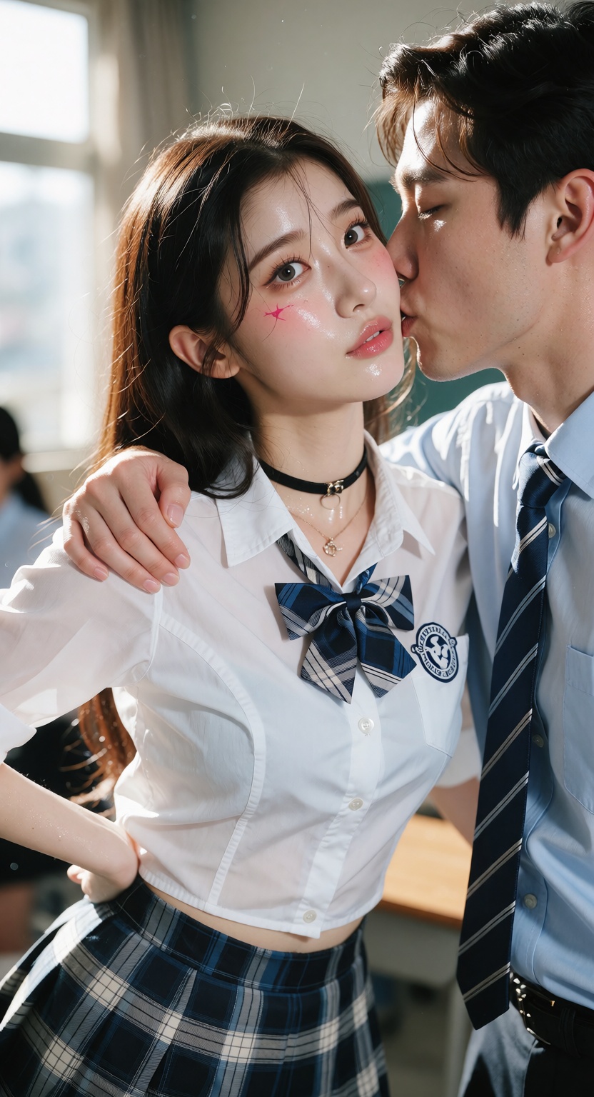 A photorealistic cowboy shot of one ***** Korean K-pop idol in a bright classroom,  looking at the viewer with a smile. Sh...