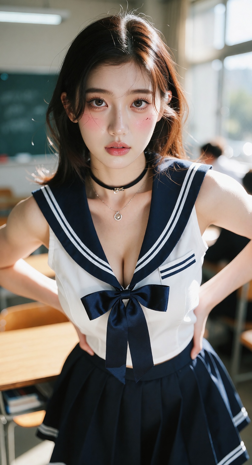 A photorealistic cinematic close shot of one ***** East Asian woman standing in a bright modern classroom,  looking at the...