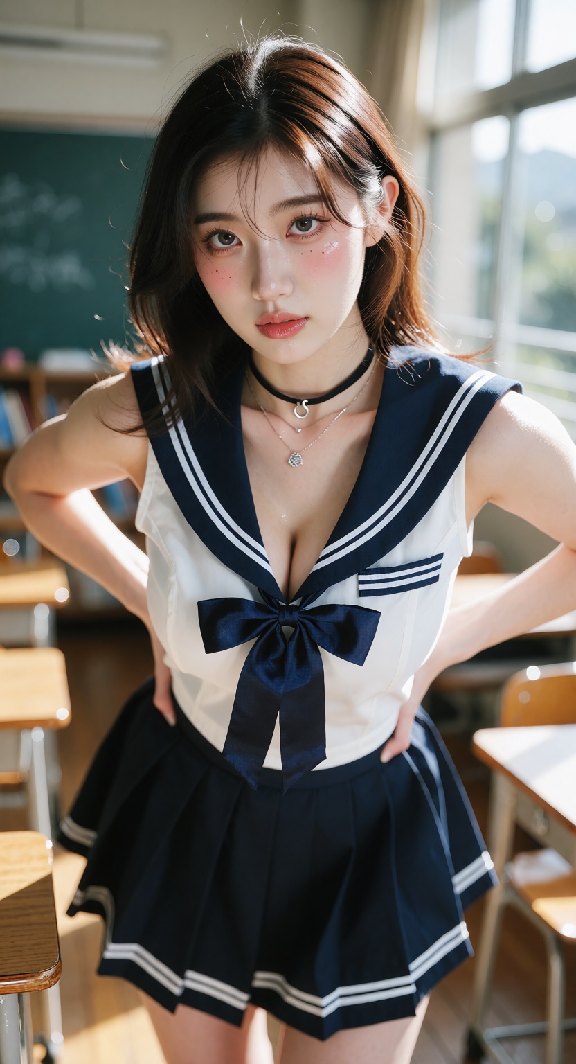 A photorealistic cinematic close shot of one ***** East Asian woman standing in a bright modern classroom,  looking at the...