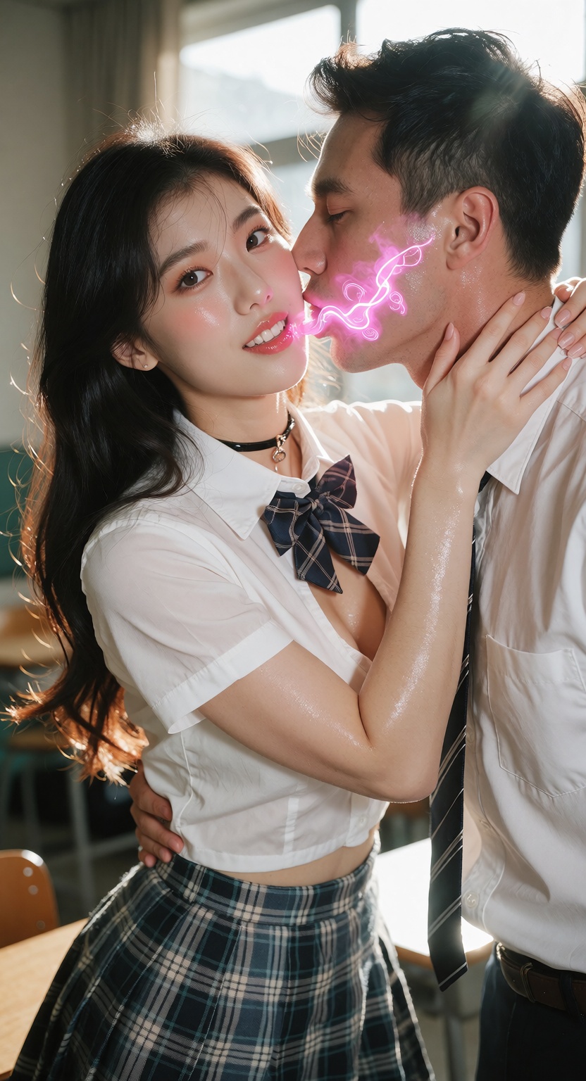 A photorealistic cowboy shot of one ***** Korean K-pop idol in a bright classroom,  looking at the viewer with a smile. Sh...