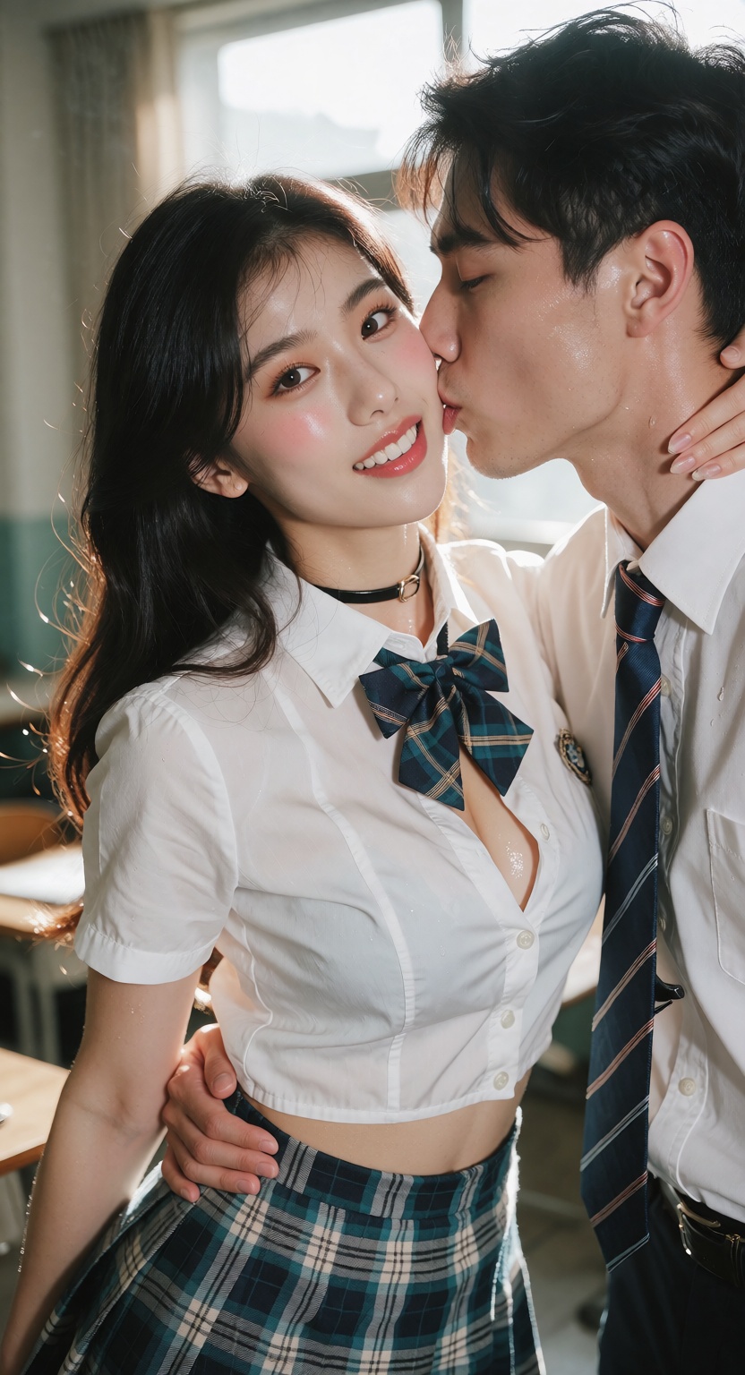 A photorealistic cowboy shot of one ***** Korean K-pop idol in a bright classroom,  looking at the viewer with a smile. Sh...