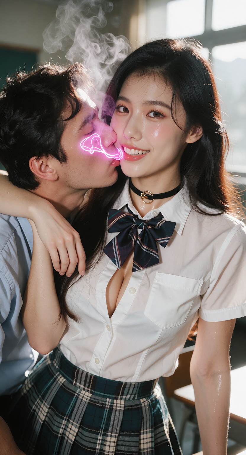 A photorealistic cowboy shot of one ***** Korean K-pop idol in a bright classroom,  looking at the viewer with a smile. Sh...