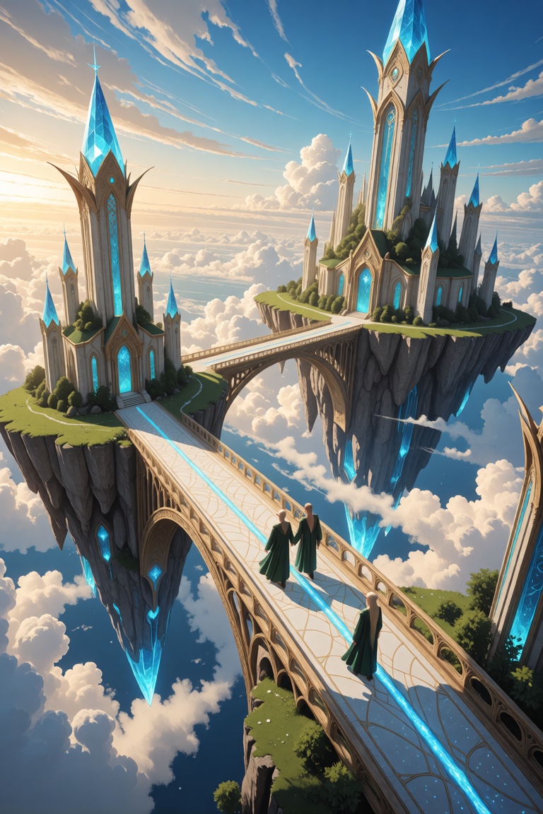 a wide aerial view of a floating elven city in the sky,  with two elven figures walking side by side across a glowing skyb...