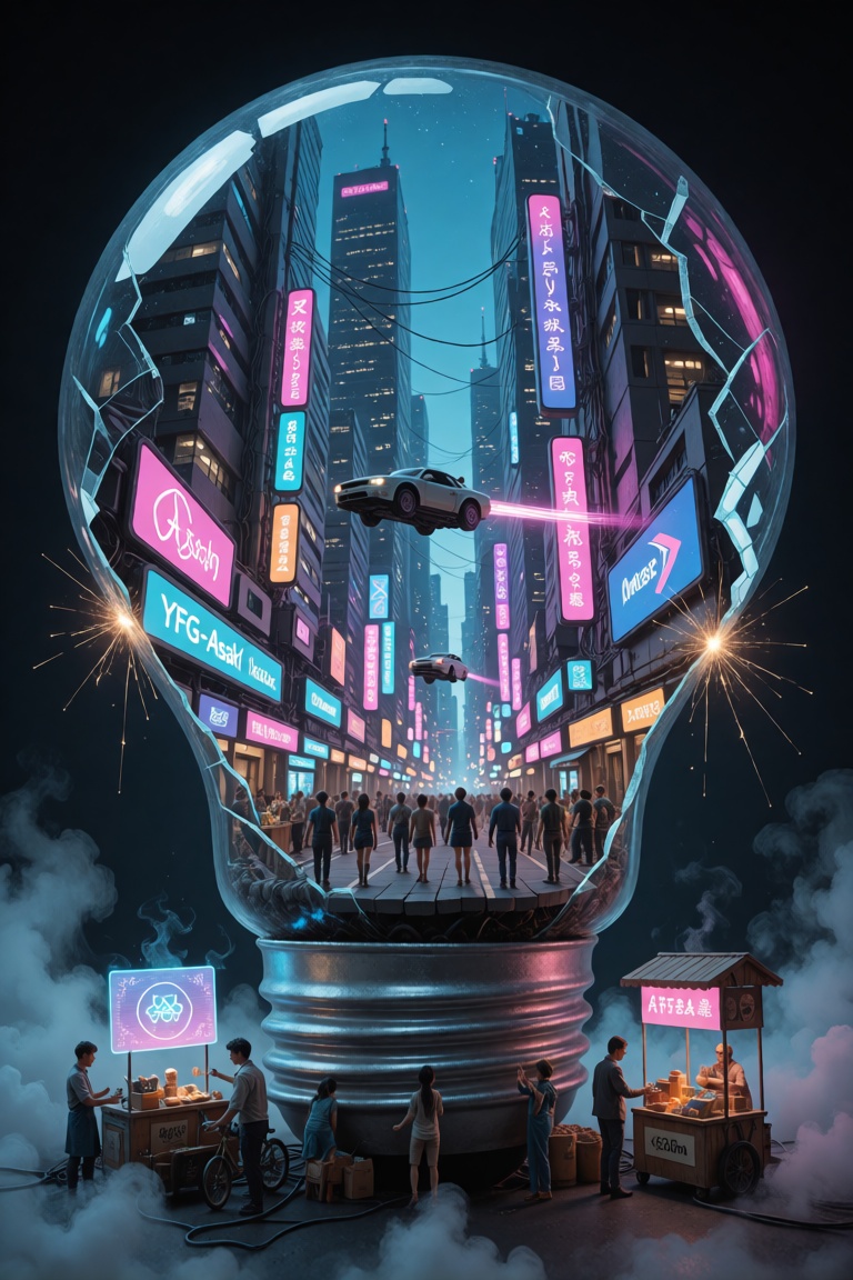 VintageSketch style,  YFG-Asak,  A hyper-detailed miniature diorama of a futuristic cyberpunk city built inside a broken l...