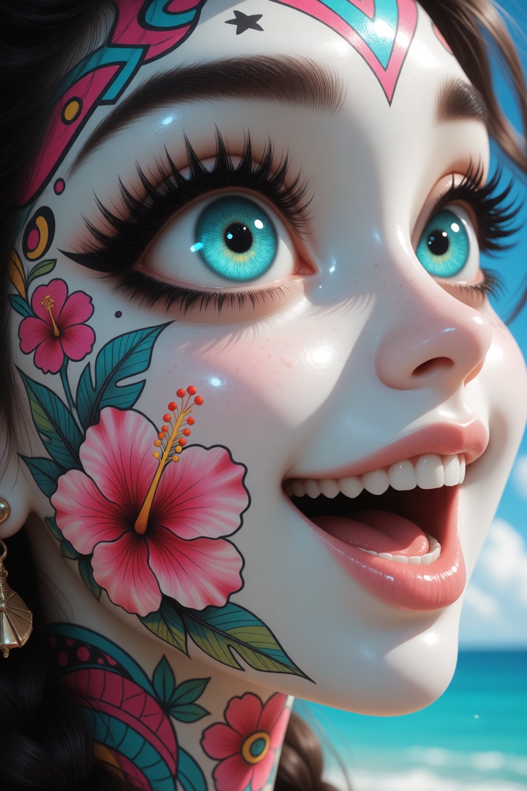Hyperrealism,  extreme close-up Portrait of a beautiful,  stunning unique female character. She has large turquoise eyes f...