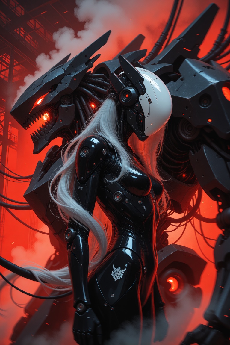 Photograph of a sleek,  cybernetic woman standing in a profile view next to a massive,  monstrous mechanical exoskeleton i...