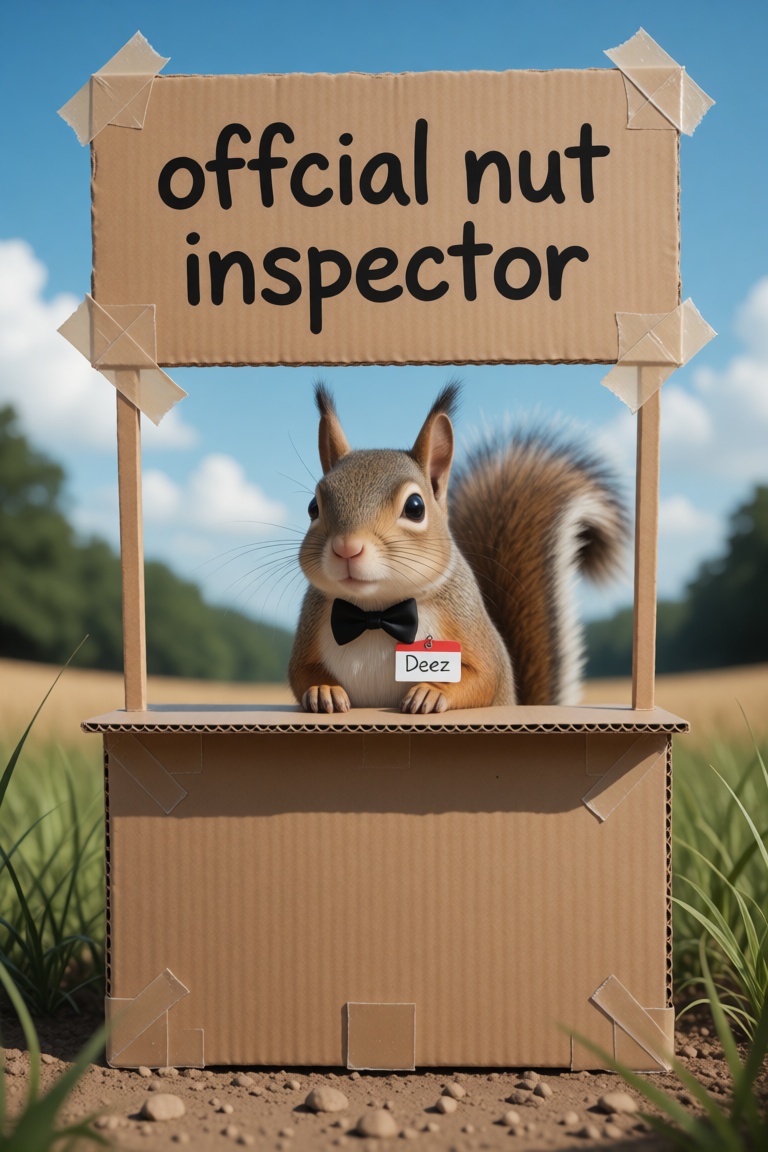 A squirrel inside a child made tiny roadside stand made from cardboard and tape with the words "offcial nut inspector" on...