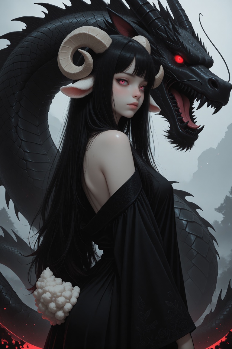 a anthro sheep woman with long,  straight black hair and sheep ears,  suggesting an sheep girl or mythical character with...