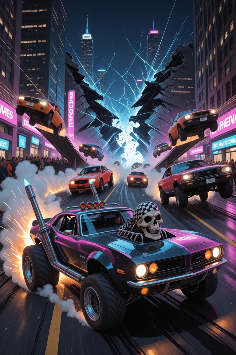 A chaotic cityscape bathed in the neon glow of streetlights is torn apart by a wild street race,  cars launching off ramps...