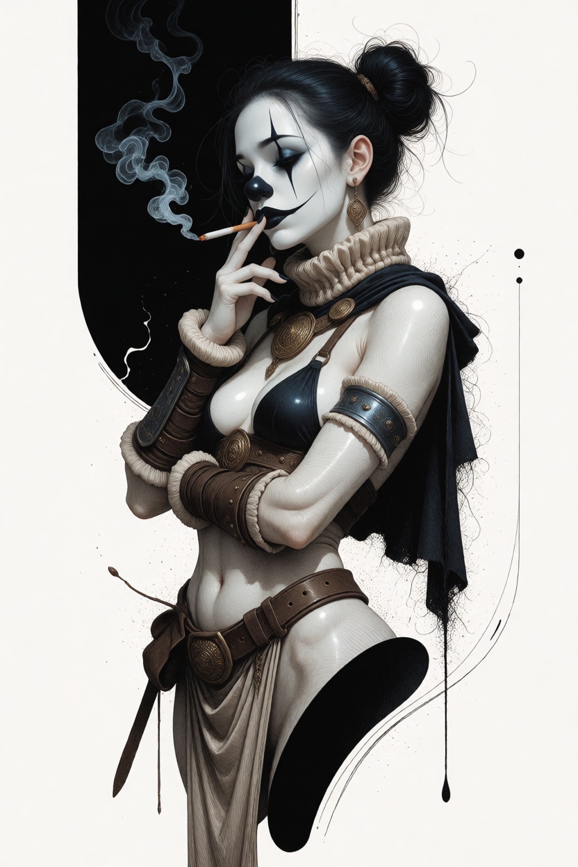 an old melancholic female clown smoking a cigarette,  with cool pale skin and striking contrast,  presented as a dramatic...