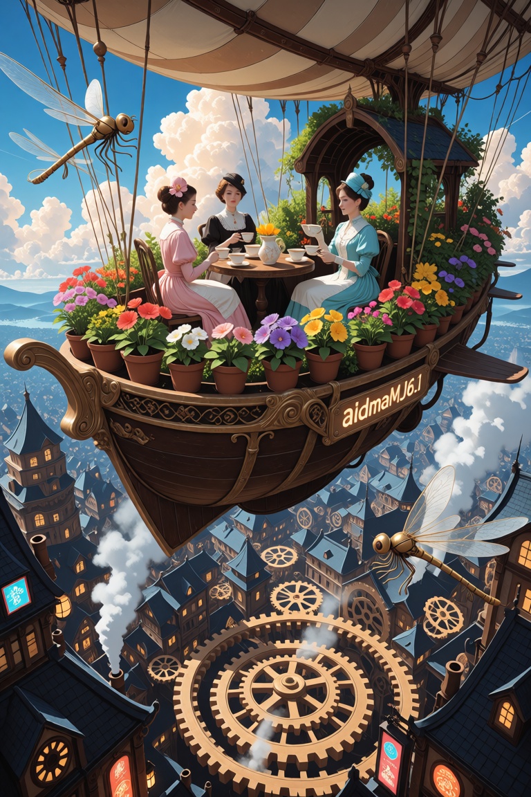 an ornate floating airship garden where Victorian ladies in pastel dresses sip tea surrounded by potted flowers and hoveri...