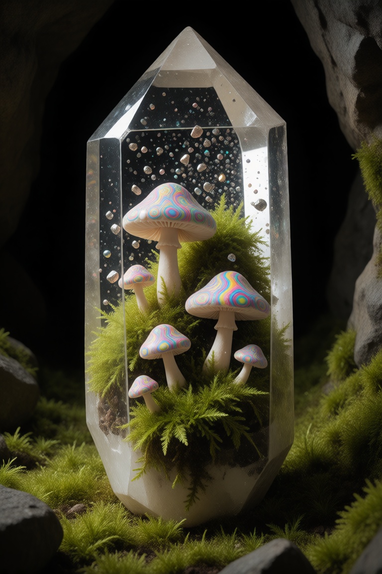 A quartz crystal in the cave,  filled with lush green moss,  glowing psychedelic mushrooms and glittery debris. on Tensor.Art