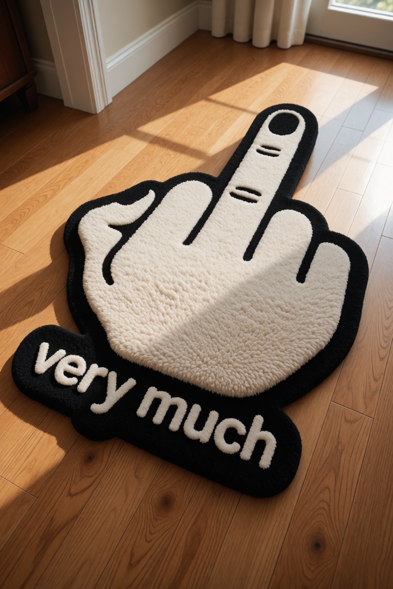 a fluffy carpet mat that represent a middle finger gesture on a hardwood floor. the words "very much" underneath the gestu...