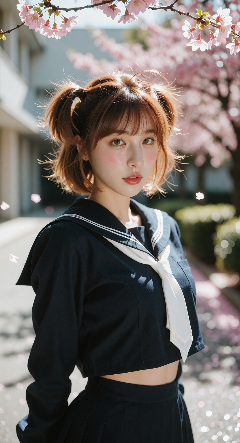 Photorealistic portrait photograph,  upper body,  20-year-old Kinomoto Sakura standing on a bright school campus. Fair whi...