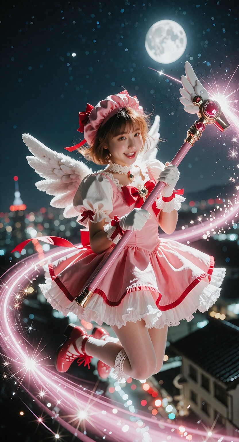Sakura Kinomoto jumping from a tall building at night,  wearing her iconic magical girl outfit — a frilly,  decorative dre...