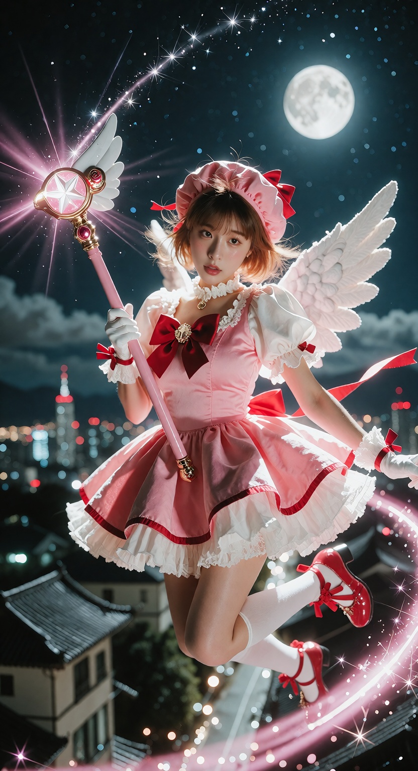 Sakura Kinomoto jumping from a tall building at night,  wearing her iconic magical girl outfit — a frilly,  decorative dre...