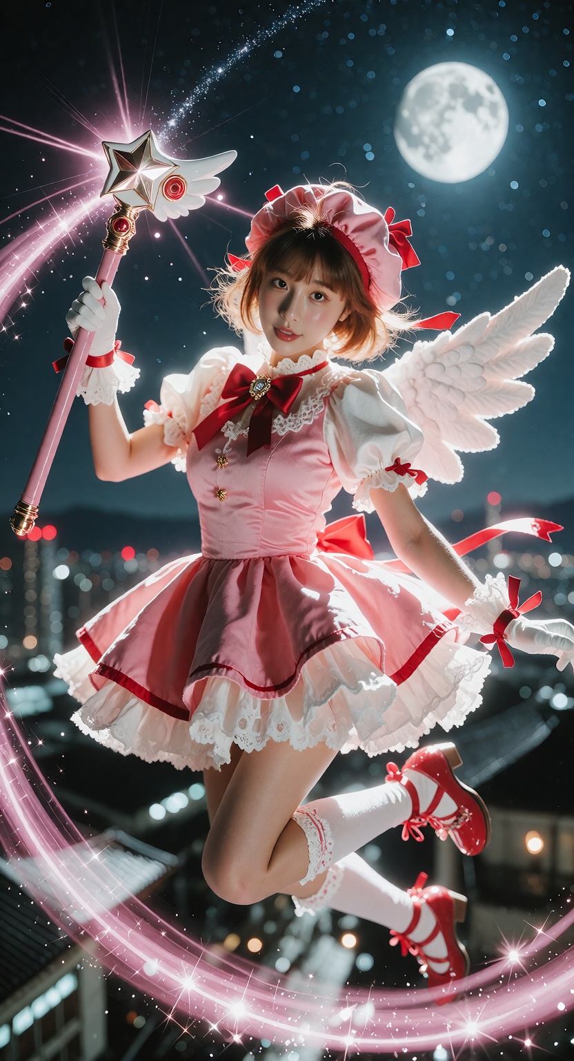 Sakura Kinomoto jumping from a tall building at night,  wearing her iconic magical girl outfit — a frilly,  decorative dre...