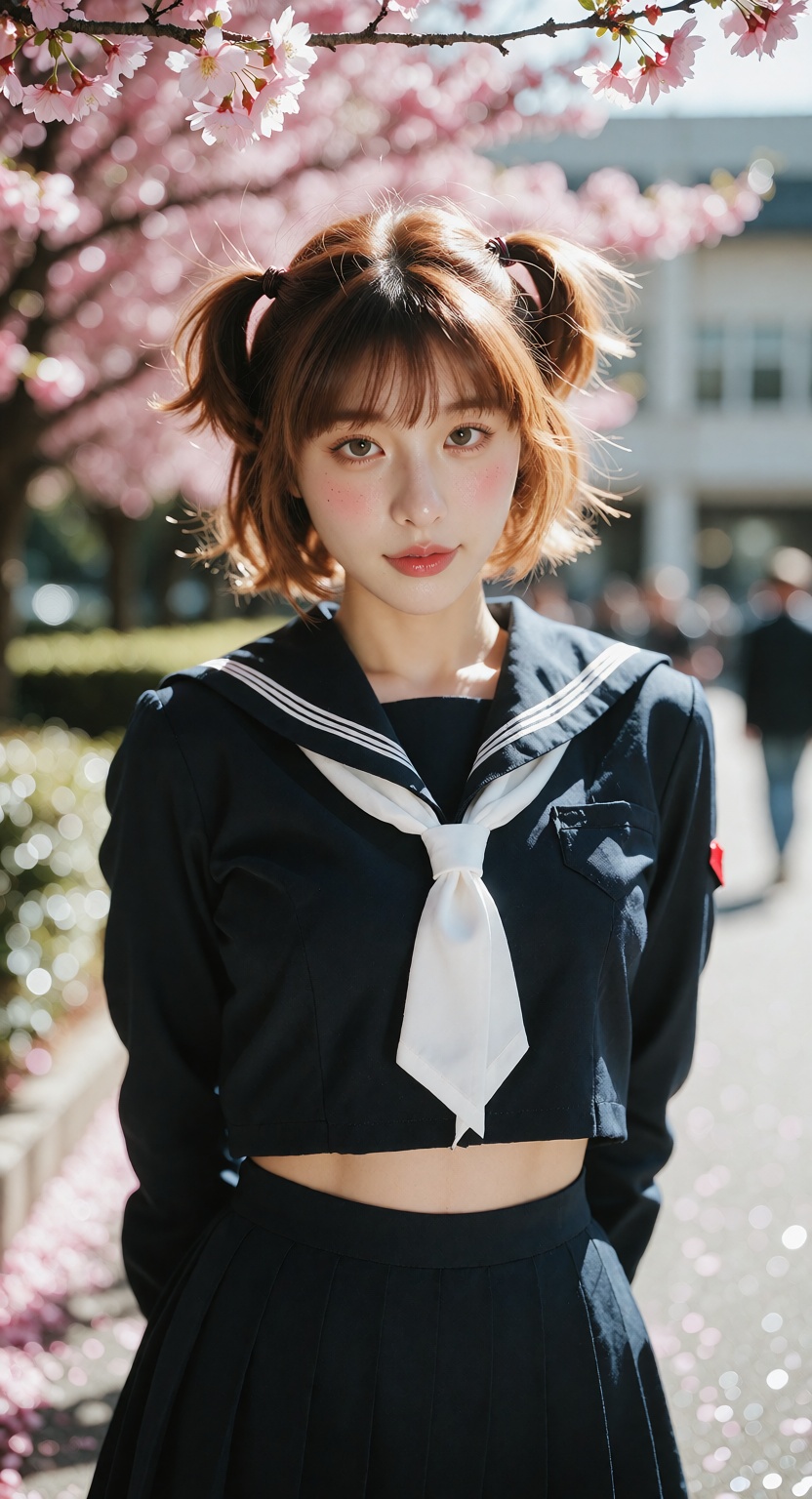 Photorealistic portrait photograph,  upper body,  20-year-old Kinomoto Sakura standing on a bright school campus. Fair whi...