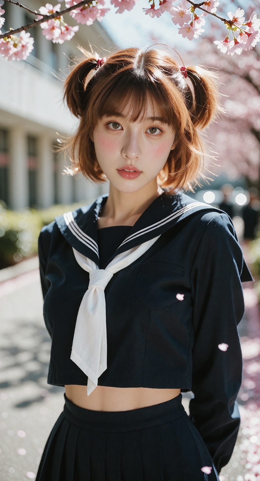 Photorealistic portrait photograph,  upper body,  20-year-old Kinomoto Sakura standing on a bright school campus. Fair whi...