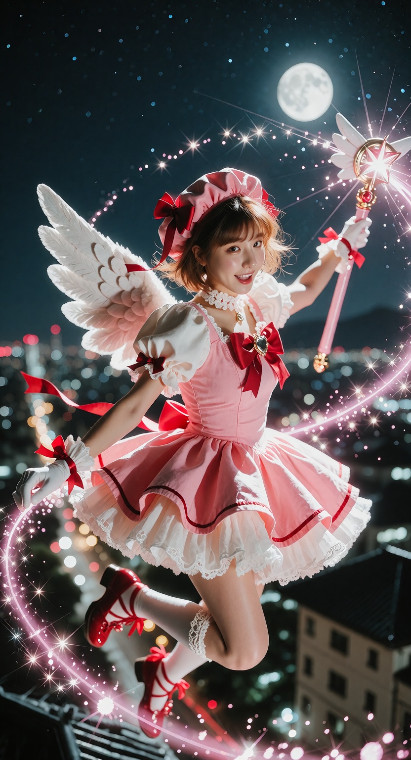 Sakura Kinomoto jumping from a tall building at night,  wearing her iconic magical girl outfit — a frilly,  decorative dre...