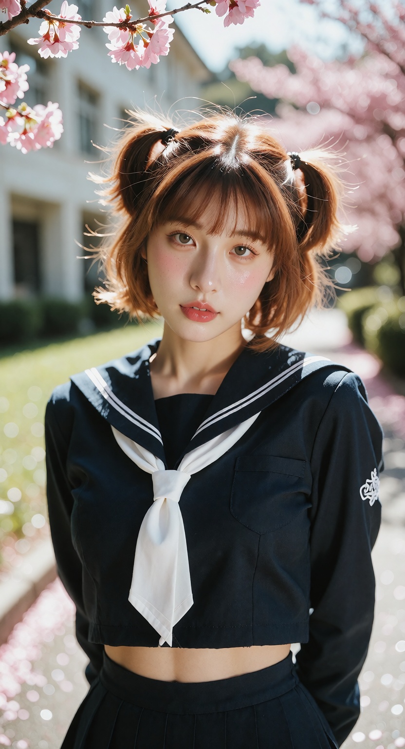 Photorealistic portrait photograph,  upper body,  20-year-old Kinomoto Sakura standing on a bright school campus. Fair whi...
