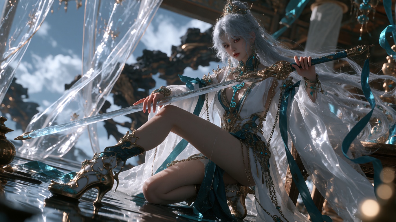 @nmc,  A silver-haired woman with large breasts,  kneeling on a wet on Tensor.Art