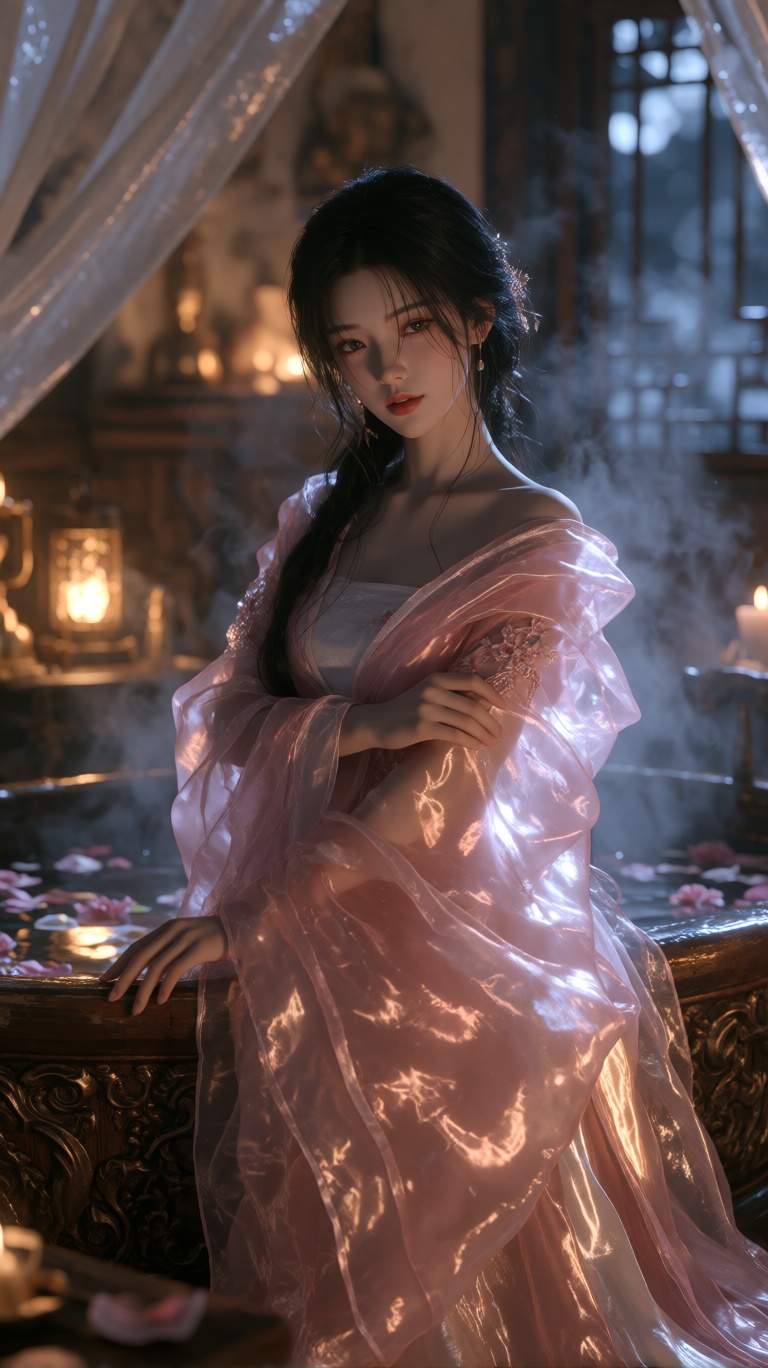 @nmc,  close-up portrait,  a beautiful Chinese woman in flowing sheer pink silk robe on Tensor.Art