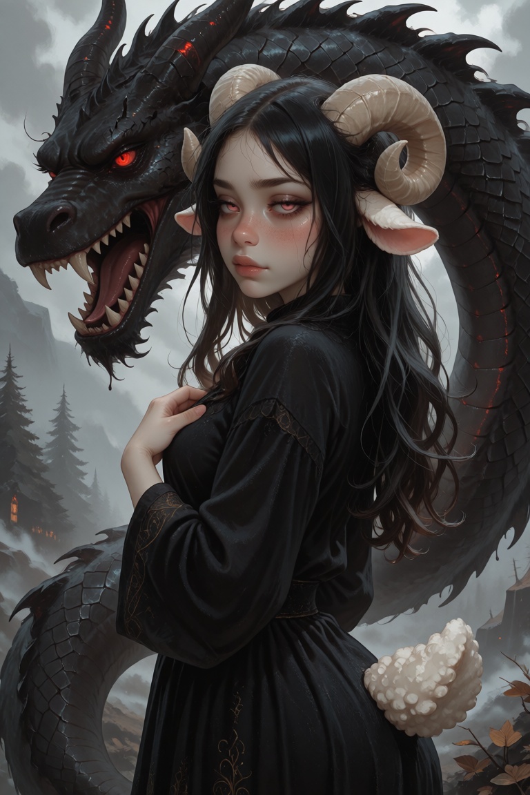 a anthro sheep woman with long,  straight black hair and sheep ears,  suggesting an sheep girl or mythical character with...