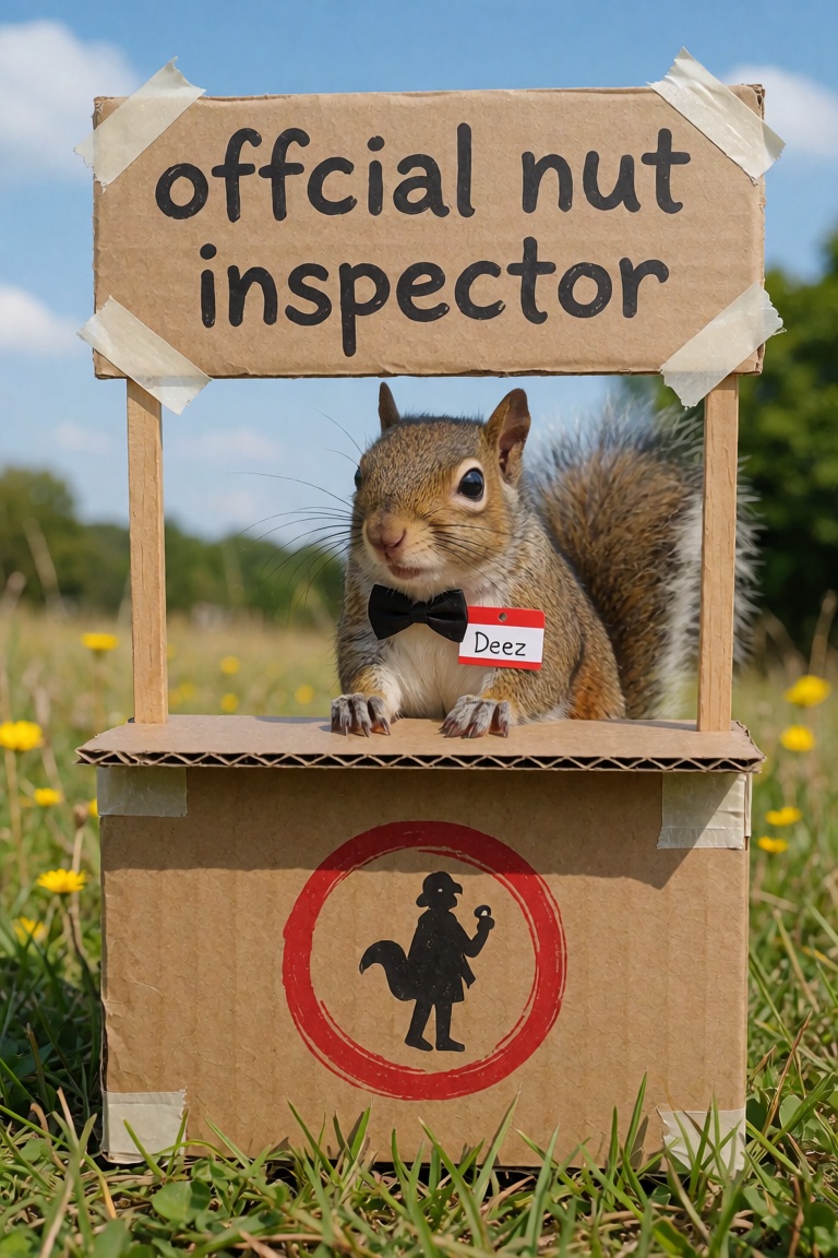 A squirrel inside a child made tiny roadside stand made from cardboard and tape with the words "offcial nut inspector" on...