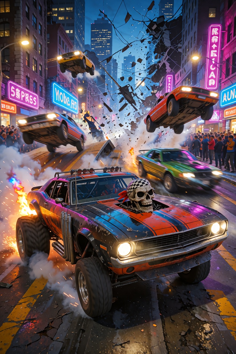 A chaotic cityscape bathed in the neon glow of streetlights is torn apart by a wild street race,  cars launching off ramps...