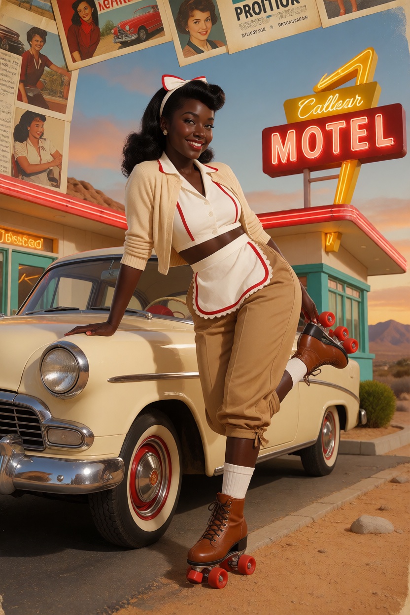 a playful retro pinup roller-skating waitress with bright charisma,  with rich ebony skin and refined low-light sheen,  le...