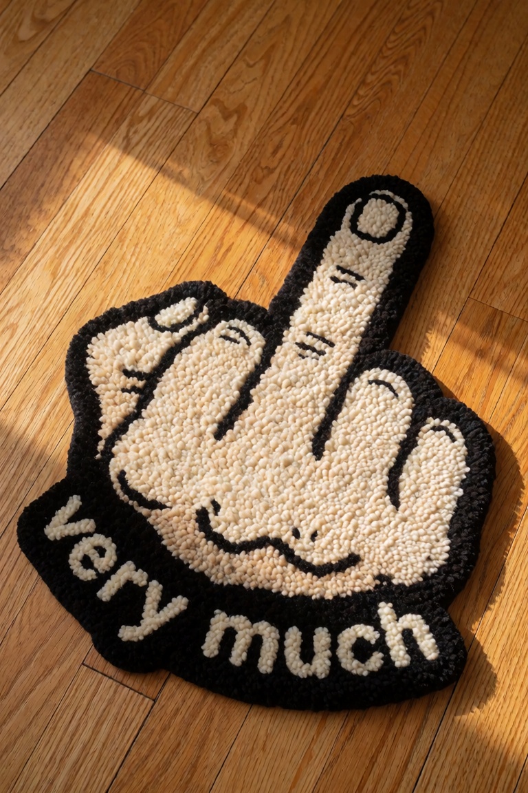 a fluffy carpet mat that represent a middle finger gesture on a hardwood floor. the words "very much" underneath the gestu...